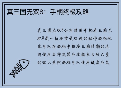 真三国无双8：手柄终极攻略